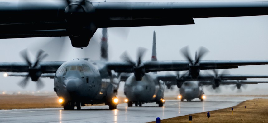 Four C130J Super Hercules depart Quonset Air National Guard base for an Operations Off-Station Trainer, Feb. 6, 2020, in North Kingstown, R.I.