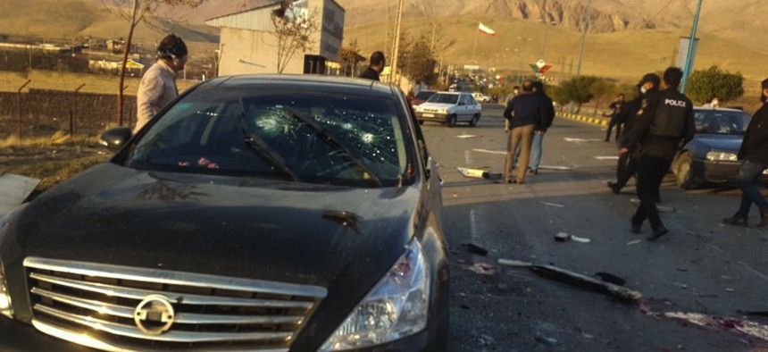 This photo shows the scene where Iranian nuclear scientist Mohsen Fakhrizadeh was killed on Nov. 27 by unknown assailants in east of Tehran.