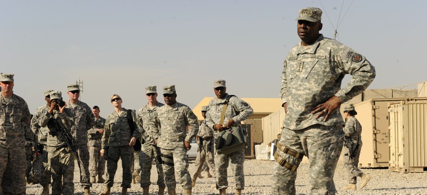 U.S. Army Gen. Lloyd Austin, commanding general, U.S. Forces-Iraq speaks with soldiers from 2nd Advise and Assist Brigade, 25th Infantry Division at Forward Operating Base Warhorse in Diyala province, Iraq, Nov. 16, 2010.