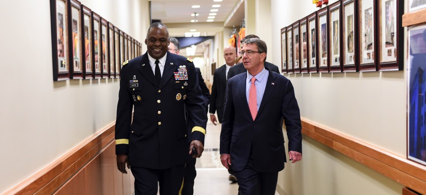 Secretary of Defense Ash Carter and General Lloyd Austin United States Central Command tour the facilities on Jan. 14, 2016.