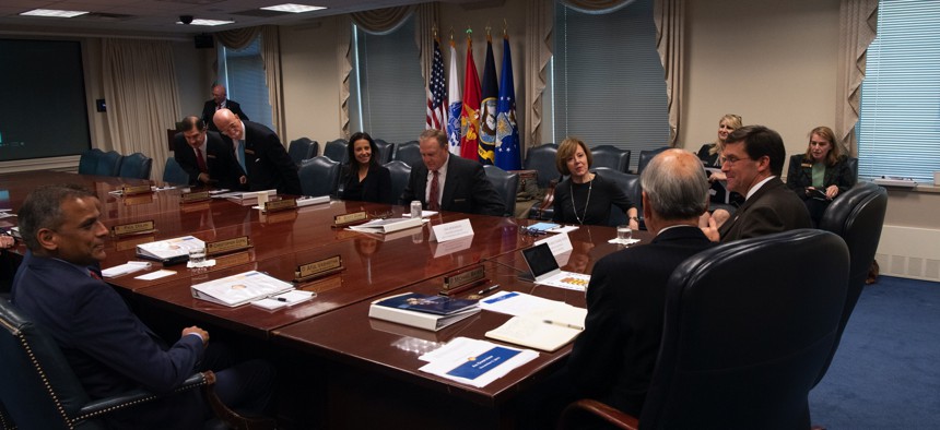 Then-Defense Secretary Mark T. Esper hosts the Defense Business Board Quarterly Meeting at the Pentagon, Washington, D.C., Nov. 6, 2019.