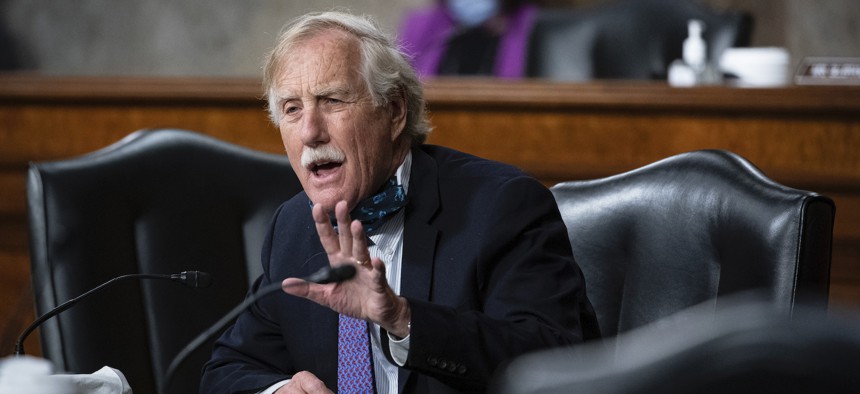Sen. Angus King, I-Maine, speaks as Kenneth Braithwaite, nominated to be Secretary of the Navy, Gen. Charles Q. Brown, Jr., nominated for reappointment to Chief of Staff of the U.S. Air Force and James Anderson,