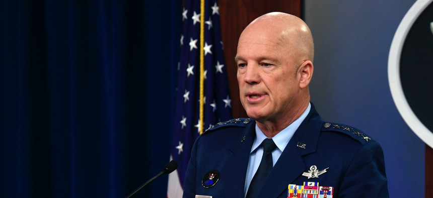U.S. Space Force Chief of Space Operations Gen. John W. Raymond conducts a press briefing with the Pentagon Press Corps to address Space Force response efforts for COVID-19 at the Pentagon on March 27, 2020. 
