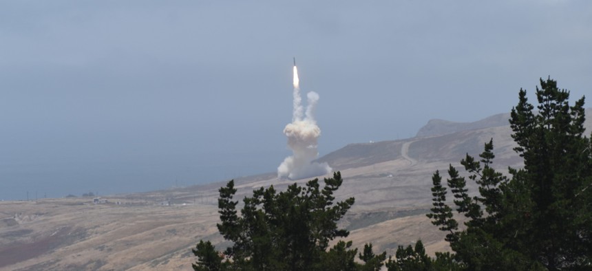 A ground-based interceptor is launched by the ground-based midcourse defense system out of Vandenberg Air Force Base, Calif., May 30, 2017. 