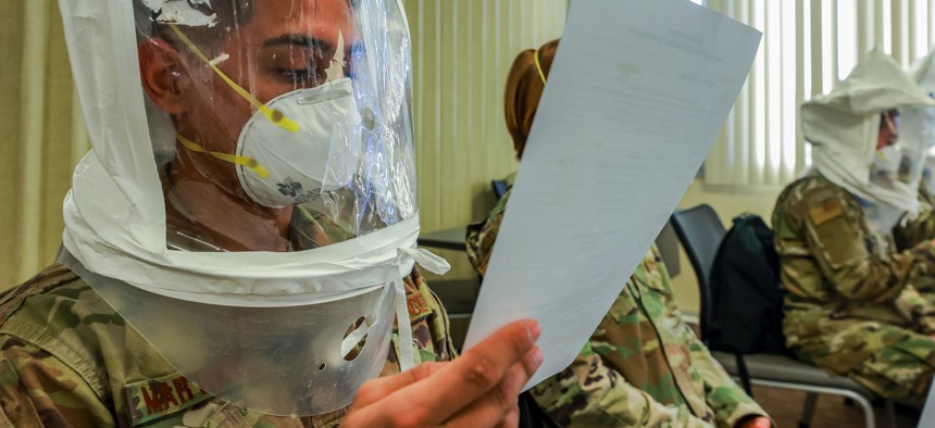 An Air Force medical provider participates in an N95 mask fit test at a hospital in Lodi, Calif., Dec. 29, 2020.