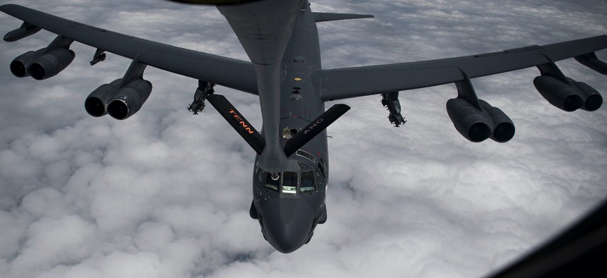 An Air Force B-52 Stratofortress receives fuel from a KC-135 Stratotanker over Southwest Asia, May 12, 2019.