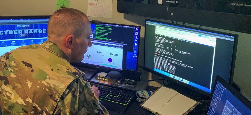 A cyber officer with the Army Reserve’s Cyber Protection Team 185, uses a common network scanning tool called “masscan” to enumerate a network during his unit’s virtual battle assembly at Joint Base Langley-Eustis, Va., Aug. 9, 2020.