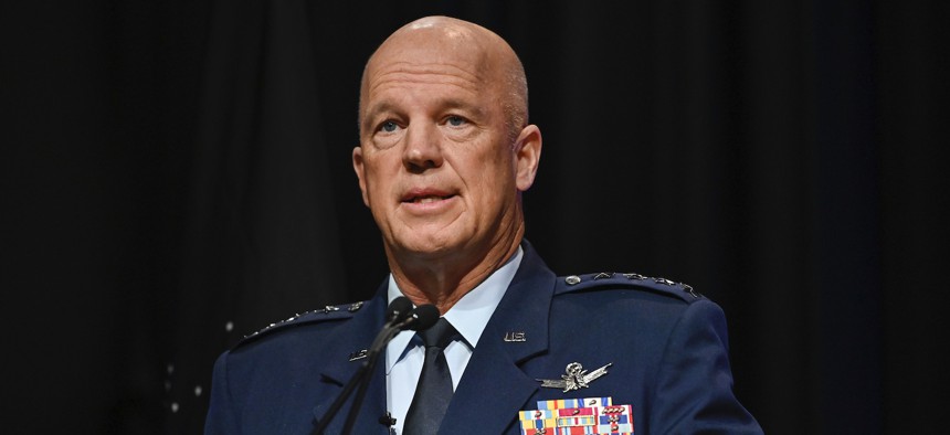 Chief of Space Operations Gen. John W. Raymond delivers remarks during a ceremony at the Pentagon transferring airmen into the U.S. Space Force, Arlington, Va., Sept. 15, 2020.