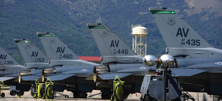 F-16 Fighting Falcons sit on the flightline at Aviano Air Base, Italy, April 19, 2018. 