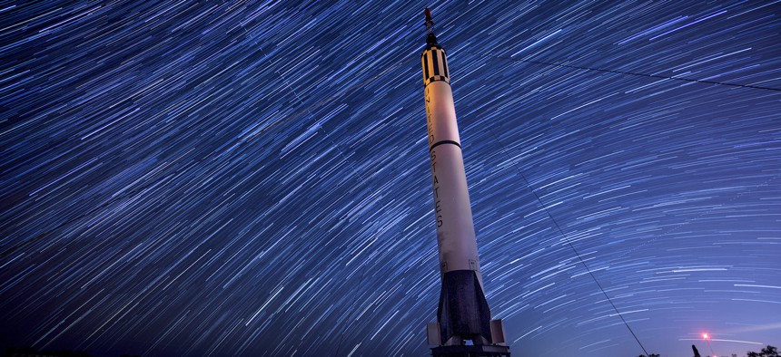 The park on Cape Canaveral, Fla. showcases several pieces of equipment that were monumental to the development of Air Force Space Command. Here, 216 photos captured over a 90 minute period are layered over one another, making the star trails come to life.