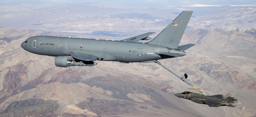 KC-46 meets F-35A KC-46A Pegasus connects with an F-35 Lightning II in the skies over California Jan. 22, 2019.