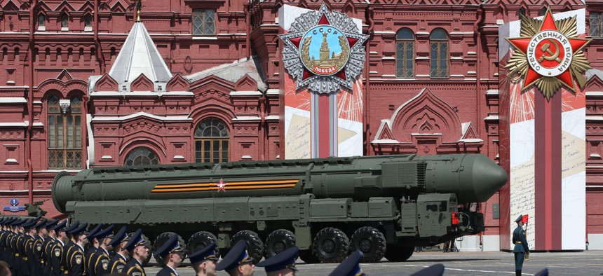 Russian nuclear missile rolls along Red Square during the military parade marking the 75th anniversary of Nazi defeat, on June 24, 2020 in Moscow, Russia.