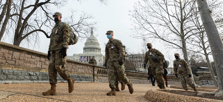 National Guardmen on U.S. Capitol security detail. Several other Guardsmen were removed after extra screening for potential extremists in the ranks.