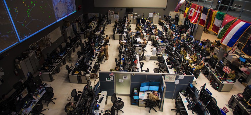 Combined Air Operations Center (CAOC) at Al Udeid Air Base, Qatar, provides command and control of air power throughout Iraq, Syria, Afghanistan, and other nations in the U.S. Air Forces Central Command region. 