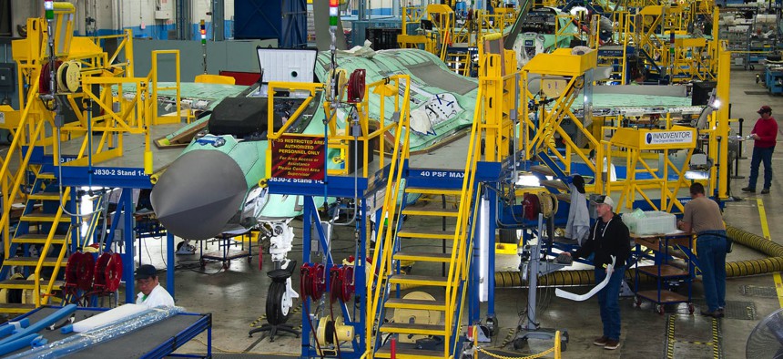 Lockheed Martin employees work on the F-35 Lightning II joint strike fighter production line in Fort Worth, Texas.
