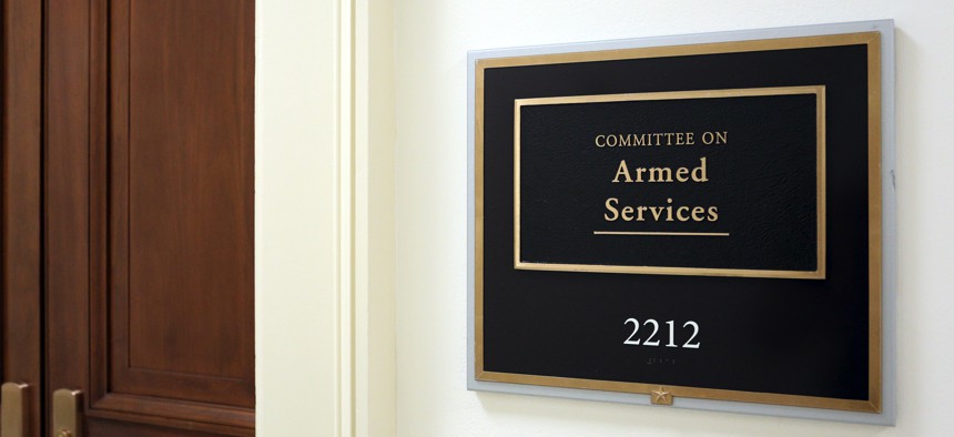 A sign at the entrance to a House Armed Services Committee hearing room in Washington, D.C.