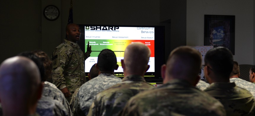 A U.S. Army staff sergeant who is a sexual harassment/assault response and prevention program victim advocate, facilitates a class at Andersen Air Force Base.