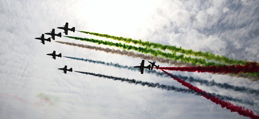 An airshow at the 2017 International Defense Exhibition and Conference, or IDEX, in Abu Dhabi, United Arab Emirates.