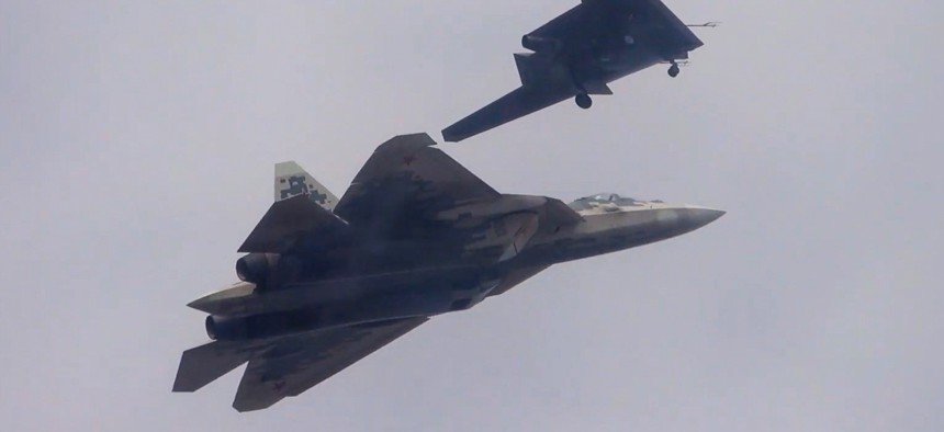 A Russian Sukhoi S-70 Okhotnik heavy UCAV and Sukhoi Su-57 fighter jet made their first paired flight in September 2019.