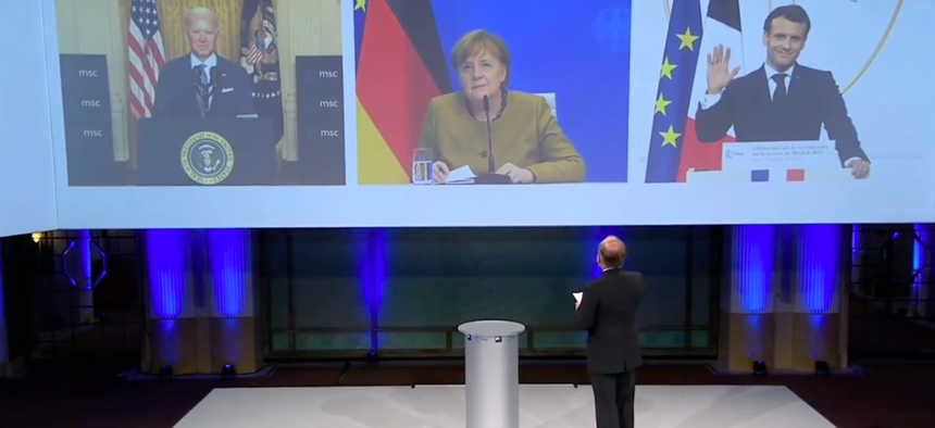 President Joe Biden, Germany's Angela Merkel, and France's Emmanuel Macron addressed the Munich Security Council virtual special event, Fri., Feb. 19, 2021.