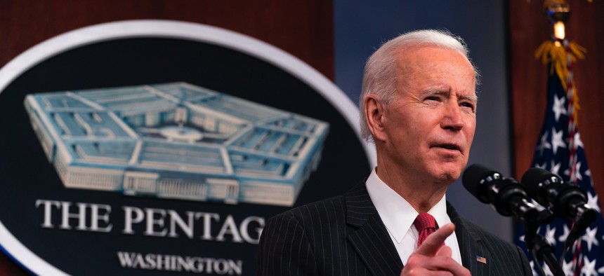 President Joe Biden speaks at the Pentagon, February 10, 2021, in Washington, DC.
