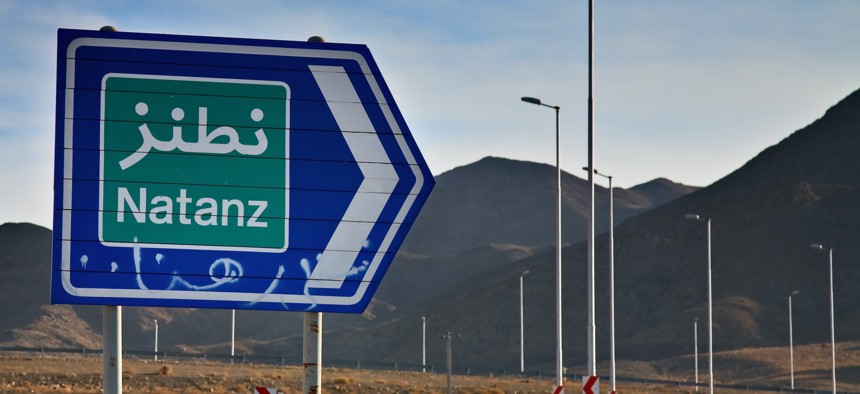 A road sign to Natanz, Iran, home of a uranium enrichment facility.