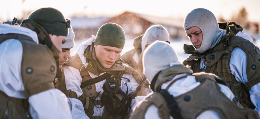 Norwegian troops exercise in the far northern region of Norway in early March 2021.