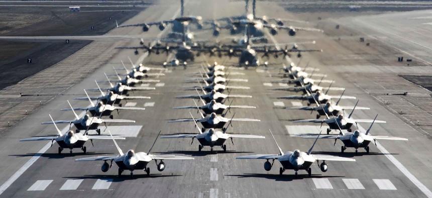U.S. Air Force aircraft participate in a close formation taxi known as an "elephant walk" at Joint Base Elmendorf-Richardson, Alaska, May 5, 2020.