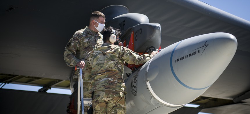 An AGM-183A Air-launched Rapid Response Weapon prototype is loaded under the wing of a B-52H Stratofortress at Edwards Air Force Base, California, Aug. 6. 2020.