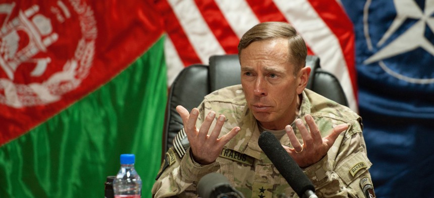 In 2011, Gen. David Petraeus spoke with media traveling with U.S. Defense Secretary Leon Panetta at Camp Eggers in Kabul, Afghanistan.