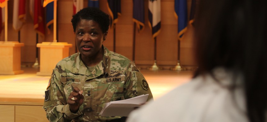 Maj. Gen. Donna Martin, Provost Marshal General and Commanding General, U.S. Army Criminal Investigation Command, speaks at Aberdeen Proving Ground’s Black History Month Observance on Feb. 23, 2021.