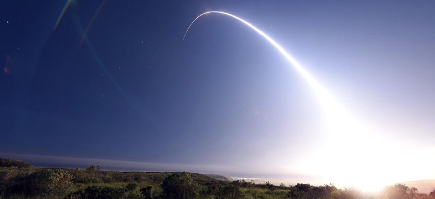 An unarmed Minuteman III intercontinental ballistic missile, equipped with a test reentry vehicle, is launched during an operational test at Vandenberg Air Force Base, Calif., Feb. 25, 2016.
