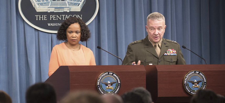 Chief Pentagon spokesperson Dana W. White and Marine Corps Lt. Gen. Kenneth F. McKenzie Jr., director of the Joint Staff, brief reporters at the Pentagon on the JEDI Cloud contract, April 19, 2018. DoD photo by Air Force Tech. Sgt. Vernon Young Jr.