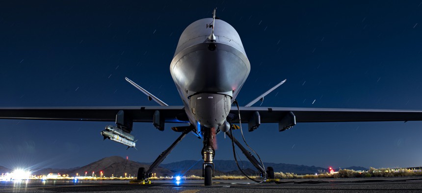 A U.S. Air Force MQ-9 Reaper armed with an AIM-9X Block 2 missile sits on the ramp at Creech Air Force Base, Nevada, Sept. 3, 2020. 