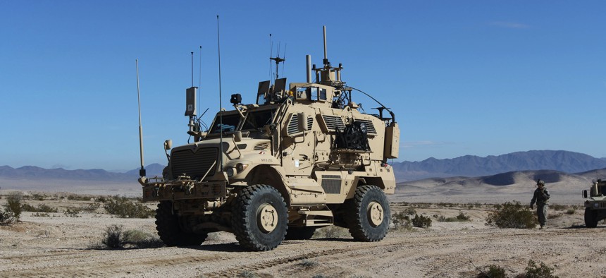 An electronic warfare tactical vehicle supports a training rotation for the Army’s 3rd Brigade Combat Team, 1st Cavalry Division, at the National Training Center at Fort Irwin, Calif., Jan. 13, 2019.