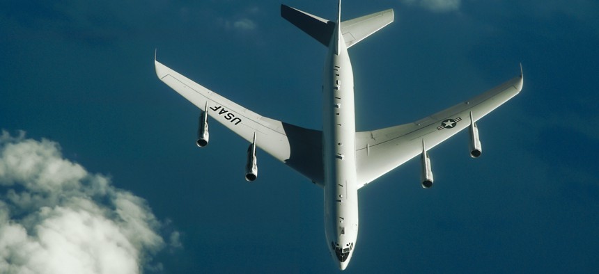 A U.S. Air Force E-8C Joint Surveillance Target Attack Radar System flies over the U.S. Central Command area of responsibility Dec. 14, 2020. The Space Force is now taking on the JSTARS mission of providing ground surveillance, but will do it with a space-based system.  