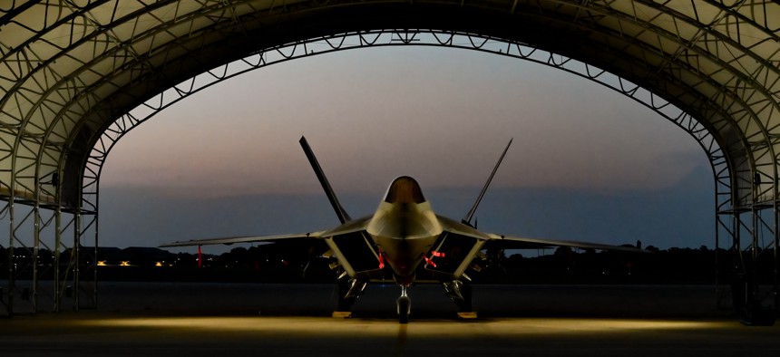 F-22 Raptors assigned to the 94th Fighter squadron United States Air Force 1st Operations Group, sit on the flight line at Joint Base Langley-Eustis, Virginia, Sept. 3, 2020.