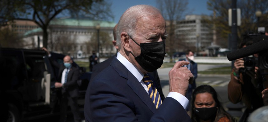 President Joe Biden answers questions while returning to the White House on April 05, 2021 in Washington, DC.
