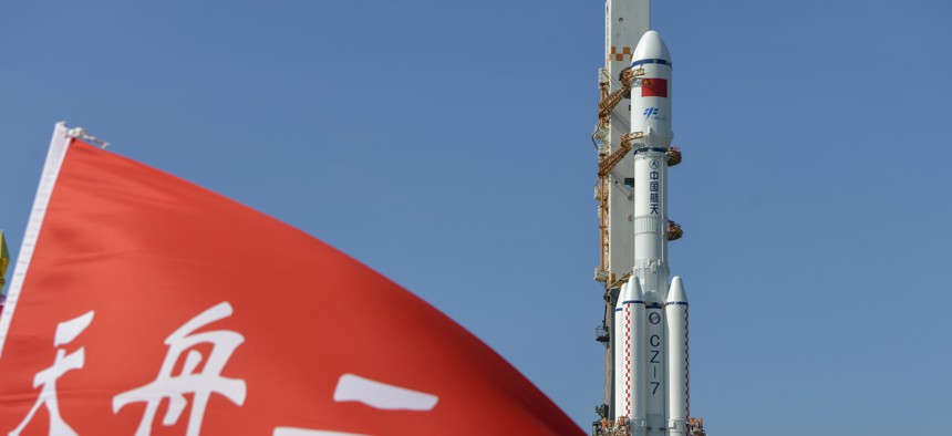 The combination of the Tianzhou-2 cargo spacecraft and the Long March-7 Y3 carrier rocket moves to the launching area of the Wenchang Spacecraft Launch Site on May 16, 2021.