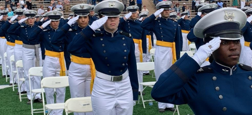 Cadets at the 2021 Air Force Academy graduation ceremony in Colorado Springs.