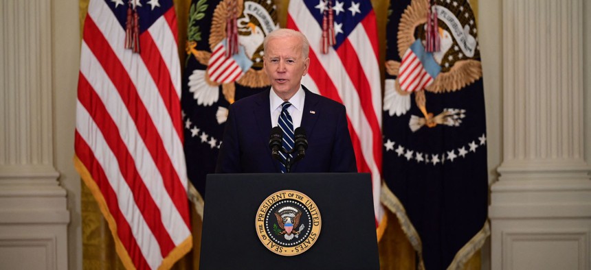US President Joe Biden speaks during his first press briefing in the East Room of the White House in Washington, DC, on March 25, 2021.