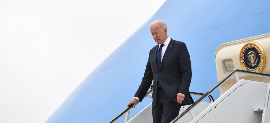 President Joe Biden steps off Air Force One upon arrival at Tulsa International Airport in Tulsa, Oklahoma on June 1, 2021.
