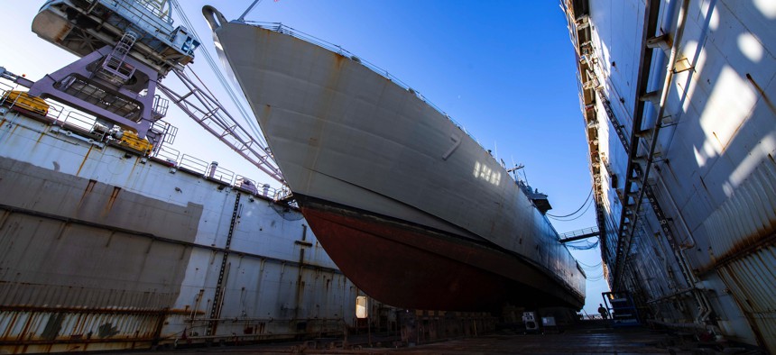 The littoral combat ship USS Detroit in drydock at BAE Systems' shipyard in Jacksonville, Florida, in 2019.