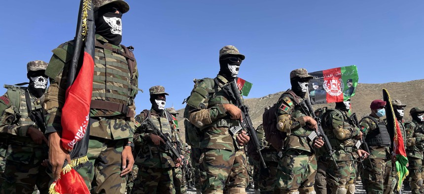 Afghan special force commando unit officers and soldiers attend a graduation ceremony at the military academy in Kabul, Afghanistan, on May 31, 2021.