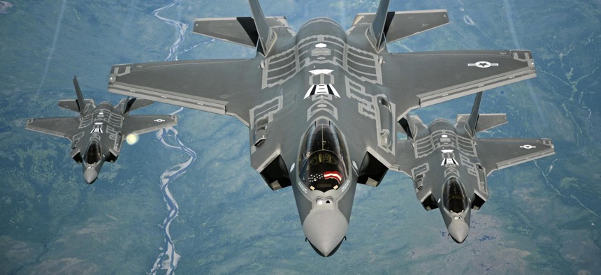F-35A Lightning II aircraft receive fuel from a KC-10 Extender tanker aircraft from Travis Air Force Base, Calif., during a flight from England to the United States, July 13, 2016. 