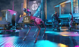 Concept of near future when robot dogs are used to assist police forces on assignments. The robot dog in the image has a camera mounted on top of the body.
