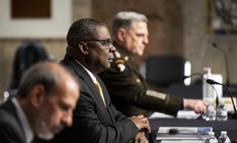 From left, Under Secretary of Defense Michael McCord, Secretary of Defense Lloyd Austin III, and Chairman of The Joint Chiefs Of Staff General Mark Milley prepare to testify during the Senate Armed Services Committee hearing on the Defense Authorization Request for fiscal year 2022 on Thursday, June 10, 2021.