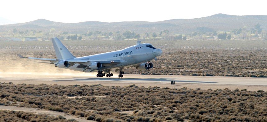 The YAL-1A Airborne Laser, a modified Boeing 747-400F, takes off from Edwards Air Force Base, Calif., on March 15, 2020, for a five-hour test mission. 