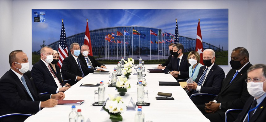 NATO leaders attend a bilateral meeting on the sidelines of the NATO summit at the North Atlantic Treaty Organization (NATO) headquarters in Brussels on June 14, 2021.