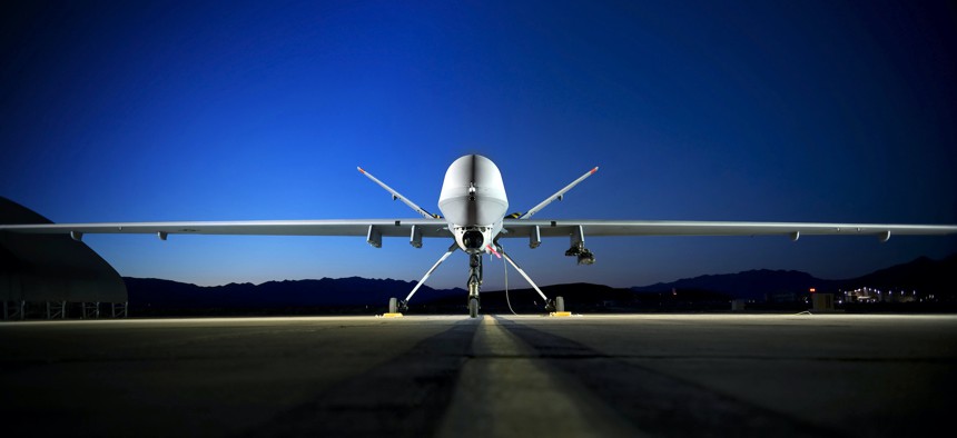 An MQ-9 Reaper sits on the flightline at Creech Air Force Base, Nevada.